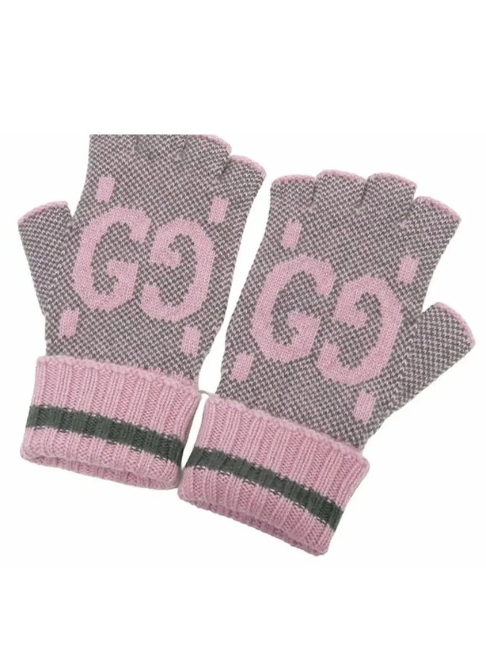Gucci Fingerless Gloves Pink Gray Cashmere GG Logo